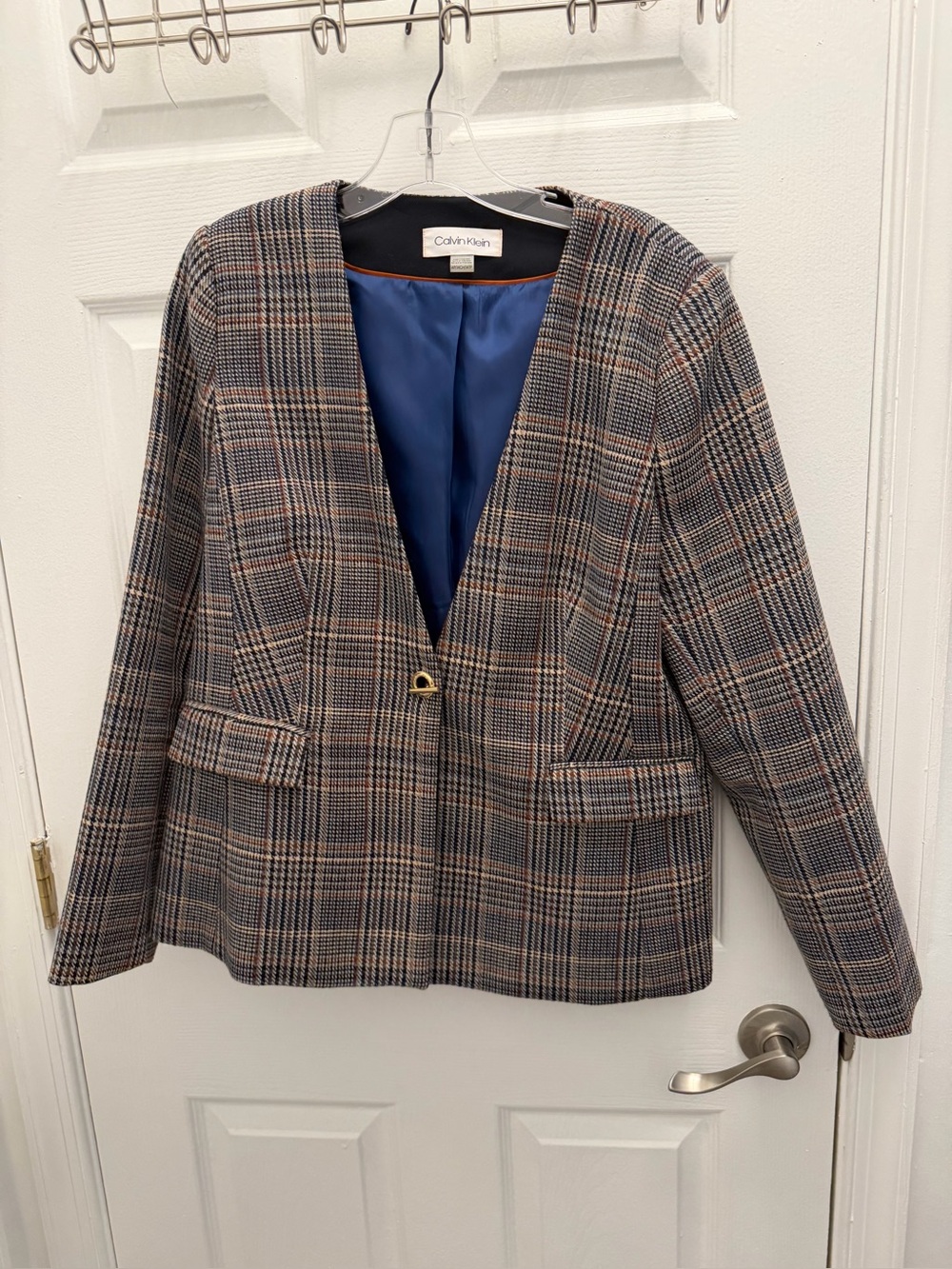 Calvin Klein Plaid Blazer Jacket in Navy and Beige Size 14P